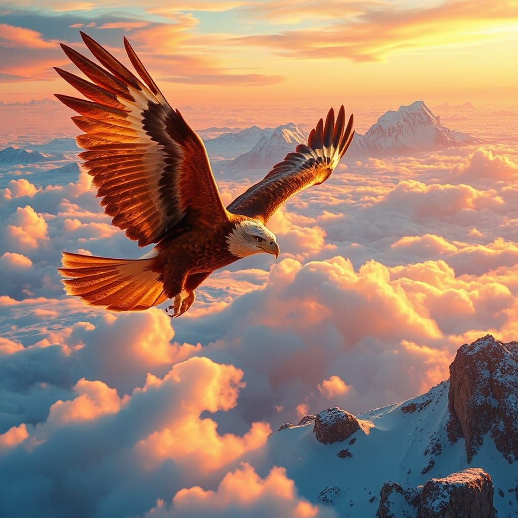Majestic Eagle Soars Above Vibrant Sunset Clouds in Shimmeri...