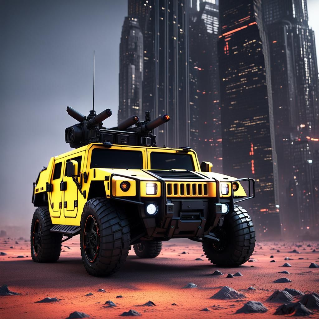 H1 Alpha Hummer HumVee HMMWV In A Strange Dystopian Future Of Unusual High Tech Flying Machines & Towering Monolithic St...