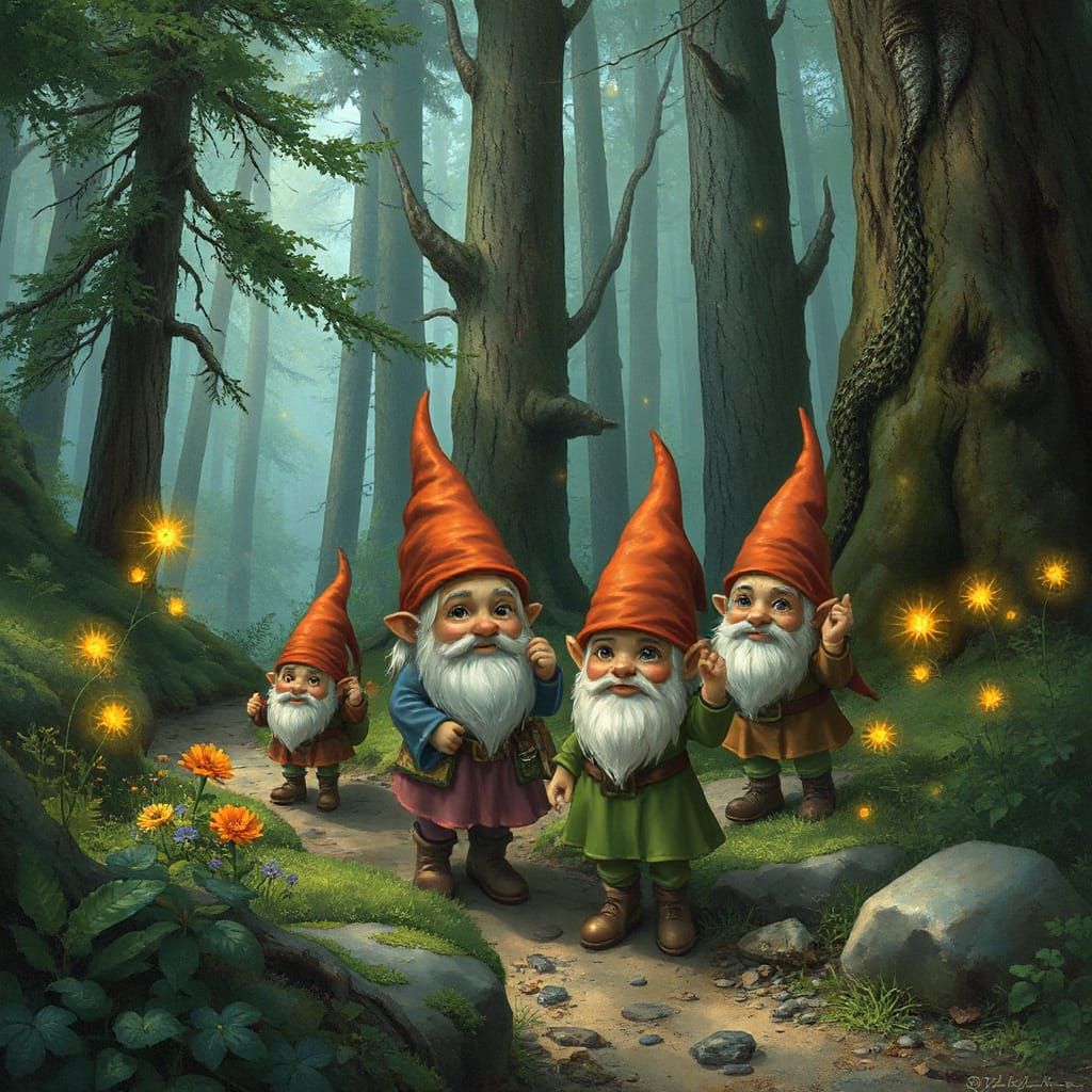 Gnomes Explore Enchanted Forest in Fantasy Art Style