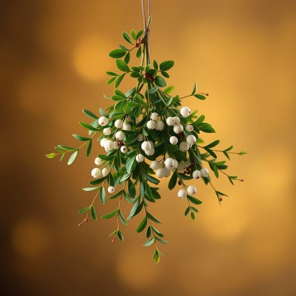 Mistletoe Branch in Golden Light, Whimsical Illustration