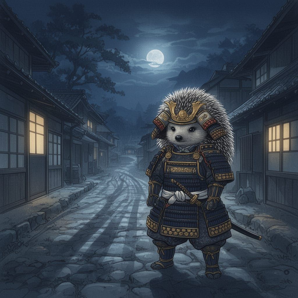 Samurai Hedgehog on Moonlit Japanese Road