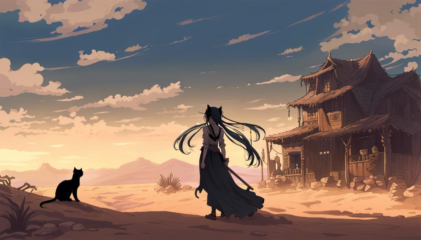 Fantasy Desert Village with Cat Girl in Anime Art