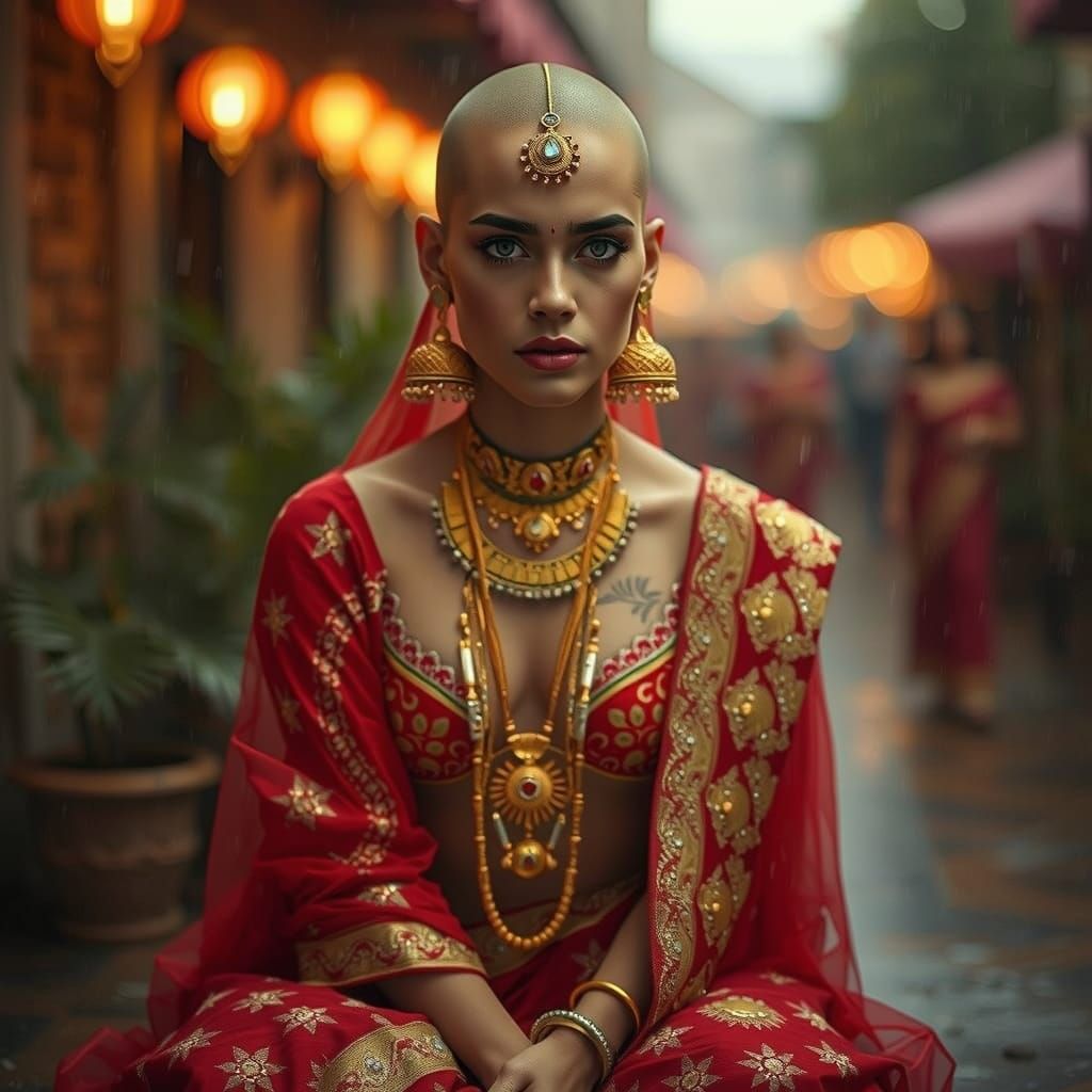 Elegant Androgynous Figure Embodies Modern Housewife Style