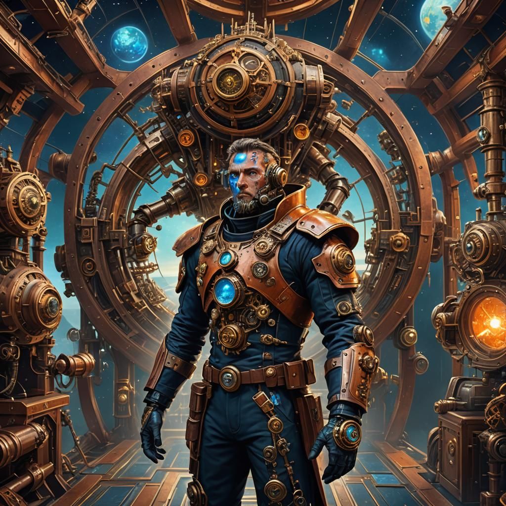 Steampunk Cyborg Captain on Spaceship with Mechanical Planet