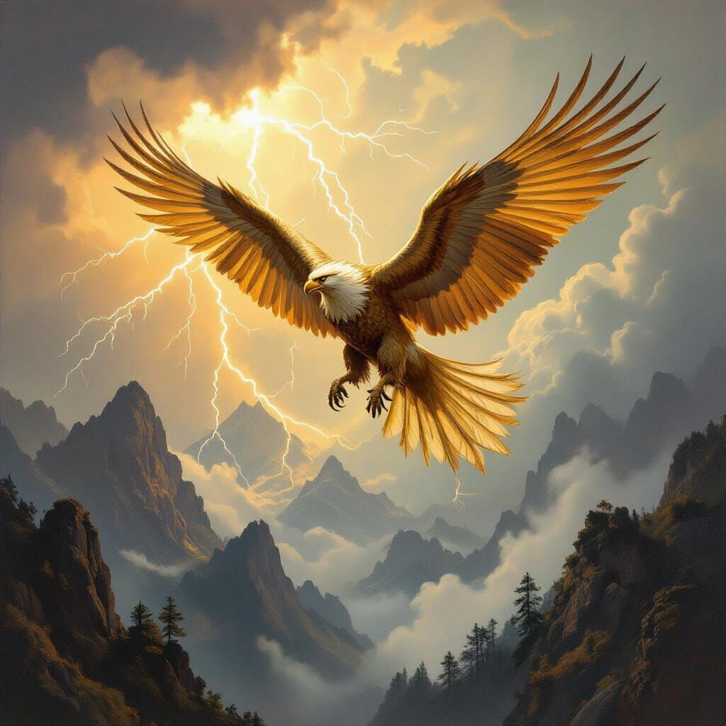 Griffin Soaring Through Stormy Sky in Oil Painting Style