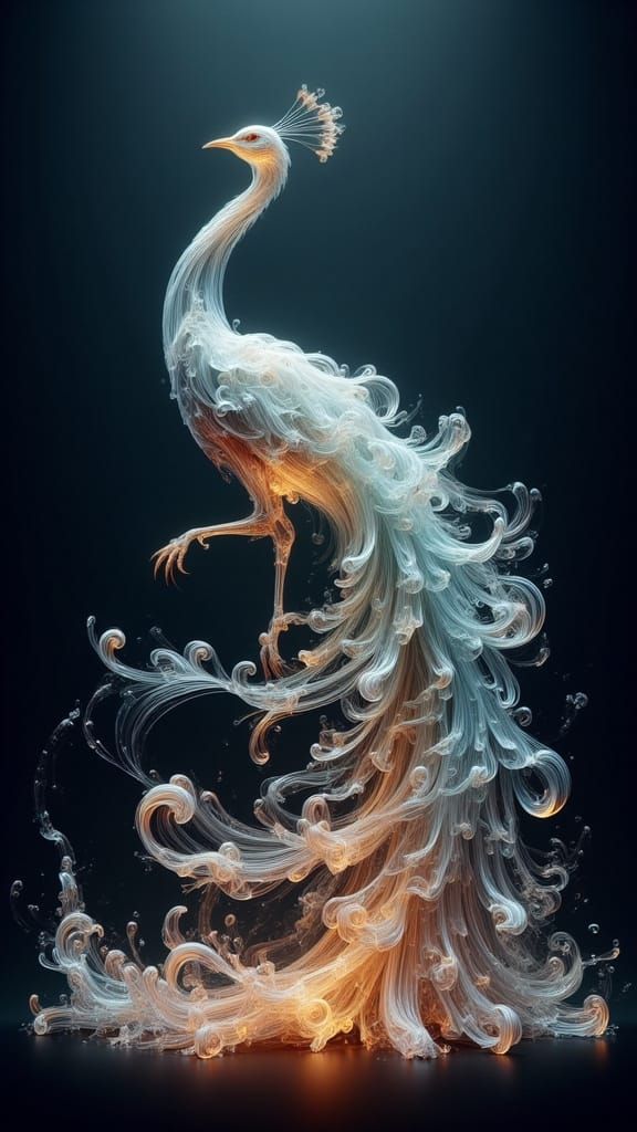 Ethereal Peacock Emerges from Crystalline Water in a Majesti...
