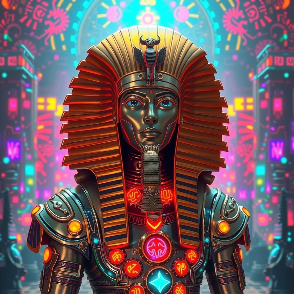 Ancient Futuristic Pharaoh Warlord in Golden Headdress and N...