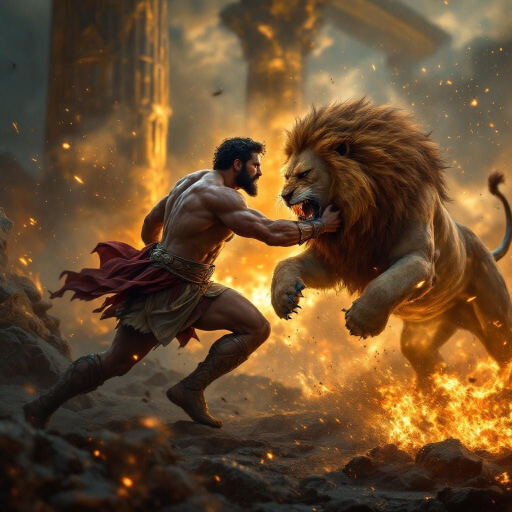 Hercules Fights Nemean Lion in Ancient Greece