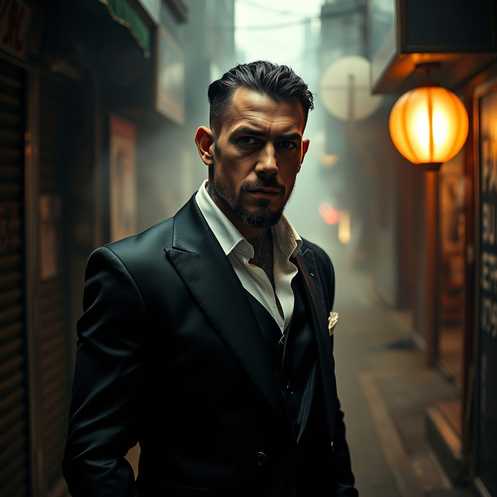 Yakuza in Noir Style with Symbolic Tattoos