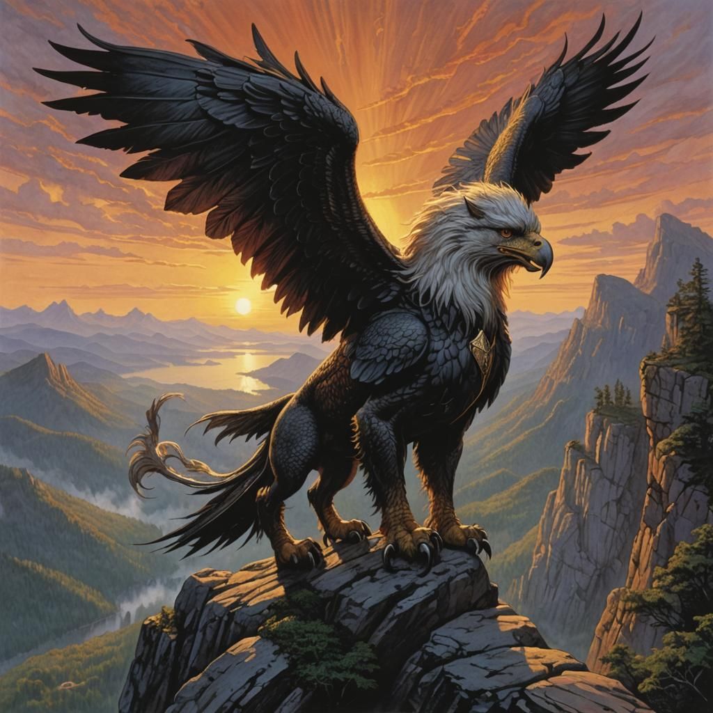 Majestic Griffon Overlooking Forest at Sunset
