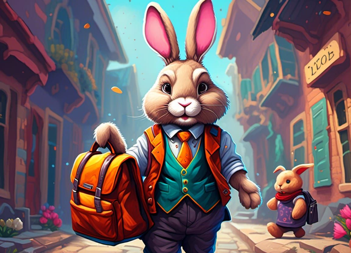 Rabbit's Anxious First Day: Neo-Expressionist Digital Art