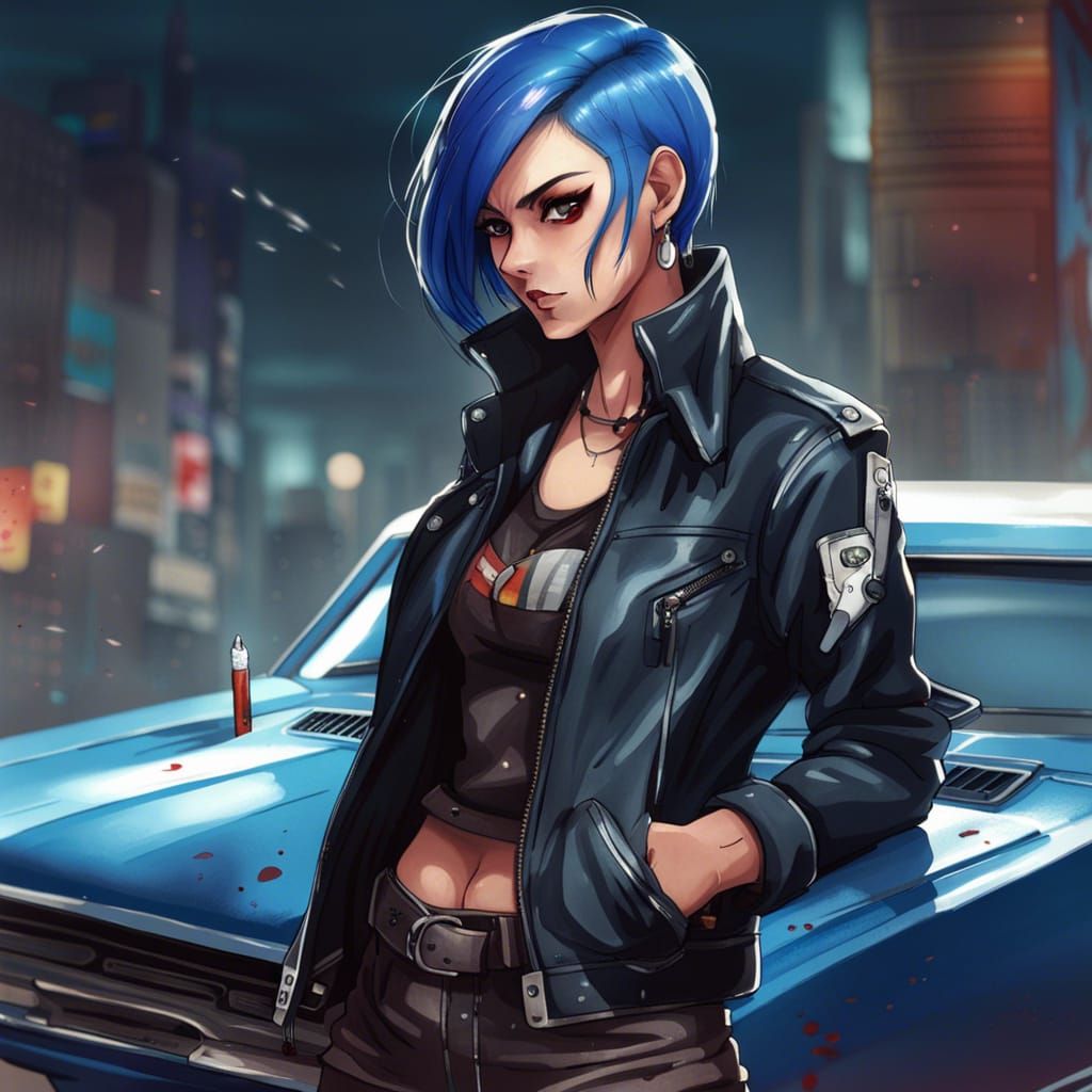 Anime Style Gang Woman with 1970 Dodge Charger