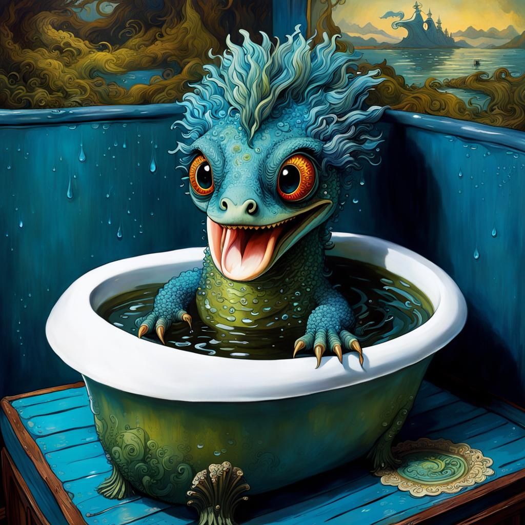 Adorable Loch Ness Monster Bathing: Art Nouveau Style