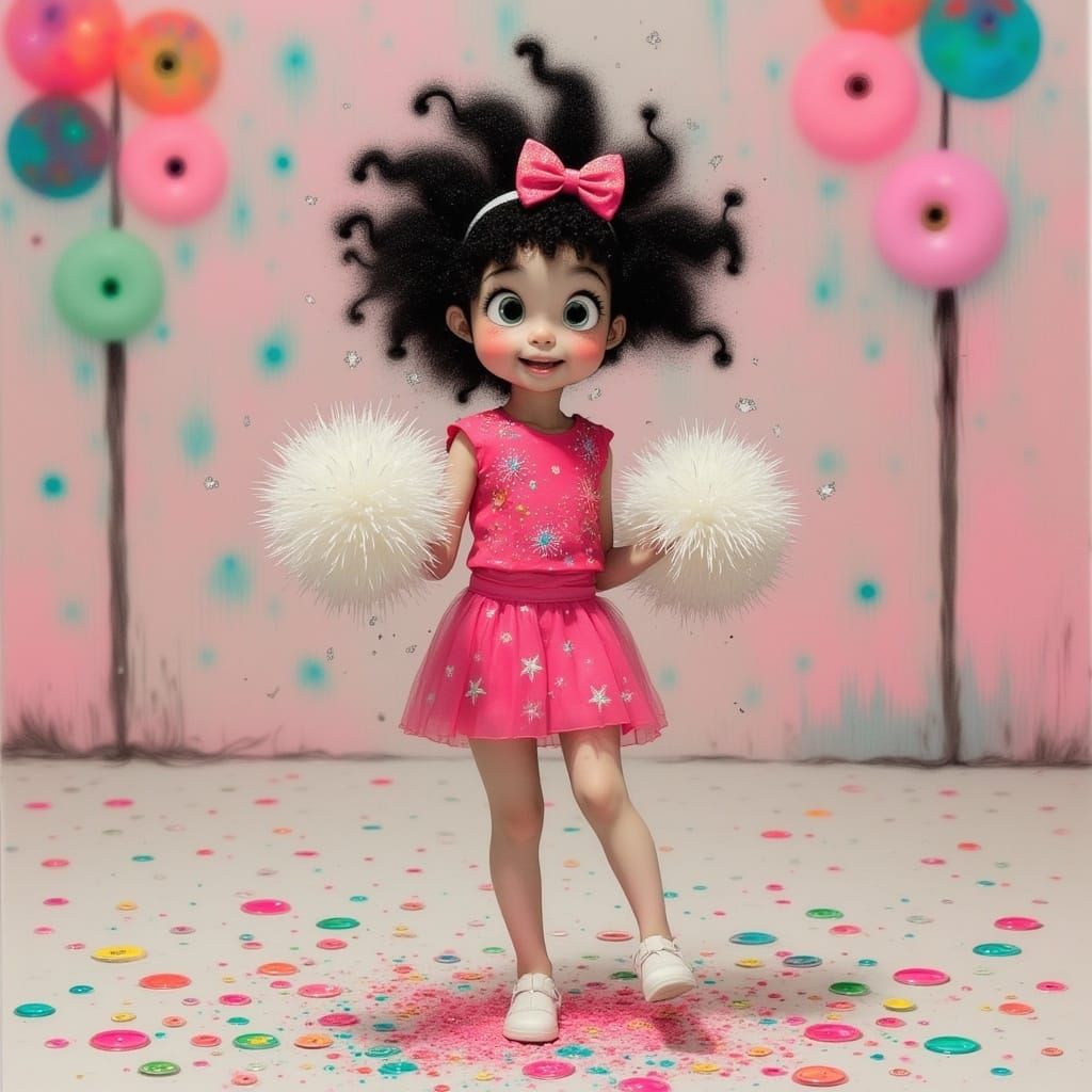 Surreal Cheerleader Girl Jumps with Joy in a Whimsical World
