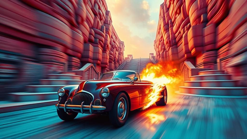 Hot Rod Gasser Races Down Escher Staircase