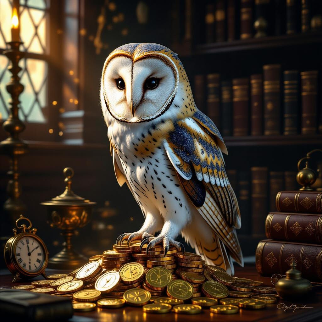 Steampunk Barn Owl on Gold Coins in Victorian Study