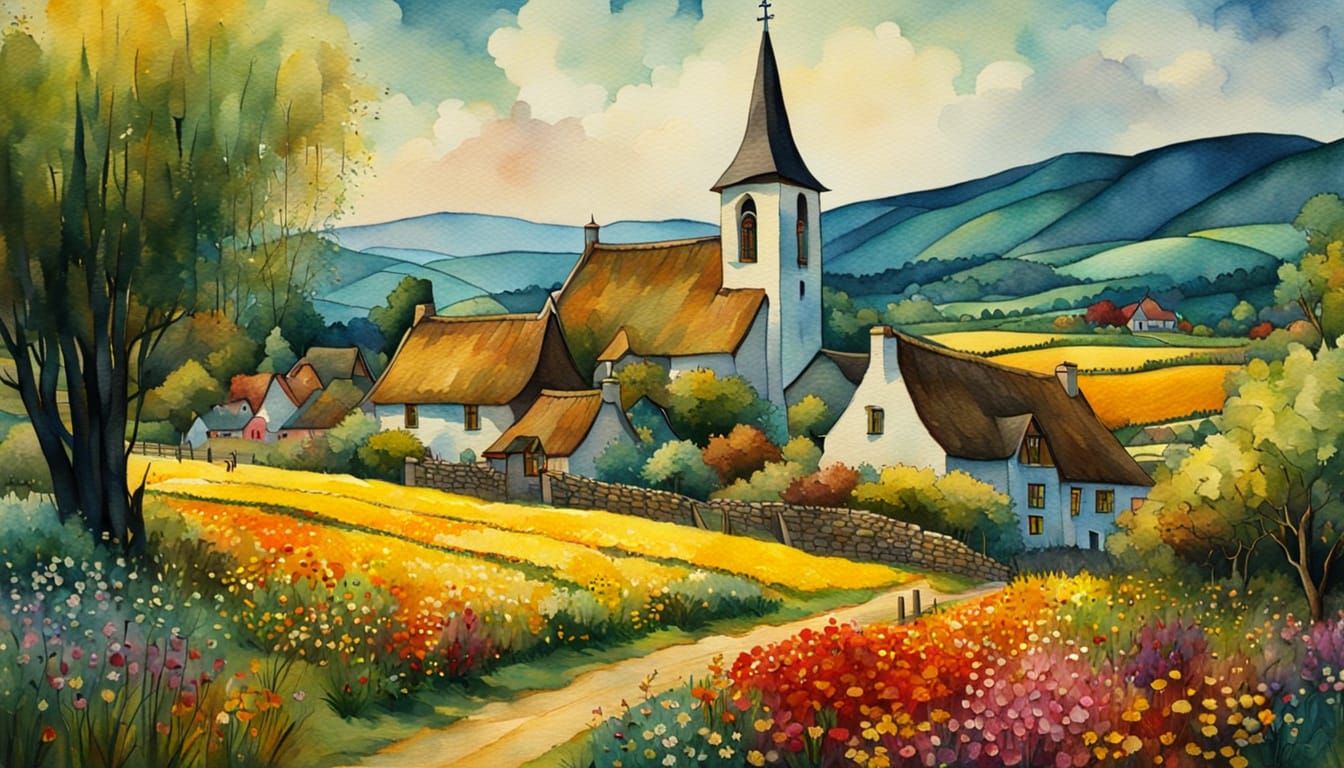 Whimsical Watercolor Village in Warm Golden Light
