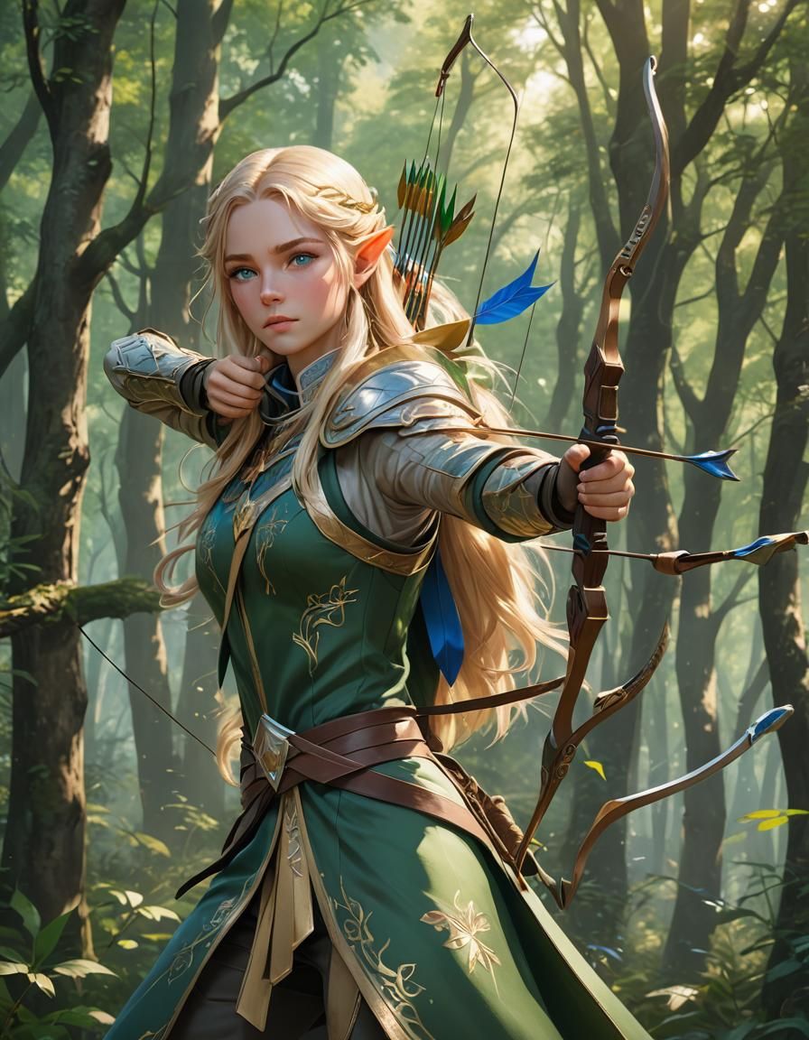 Regal Elven Archer in Lush Forest: 3D Anime Art