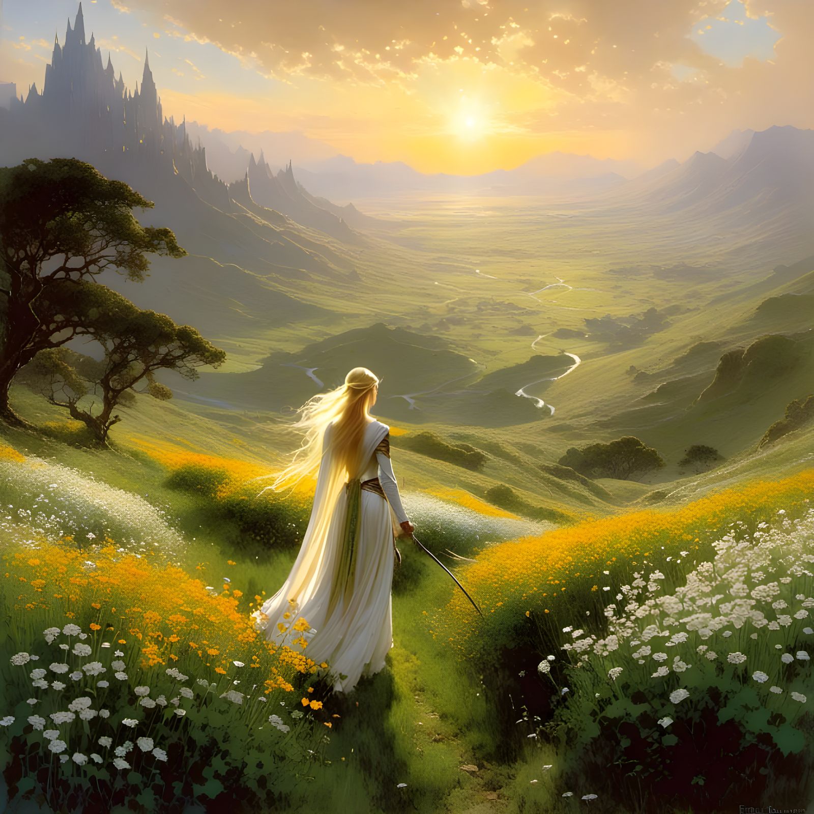 Elven Maiden in Tumladen's Wildflower Fields at Sunrise