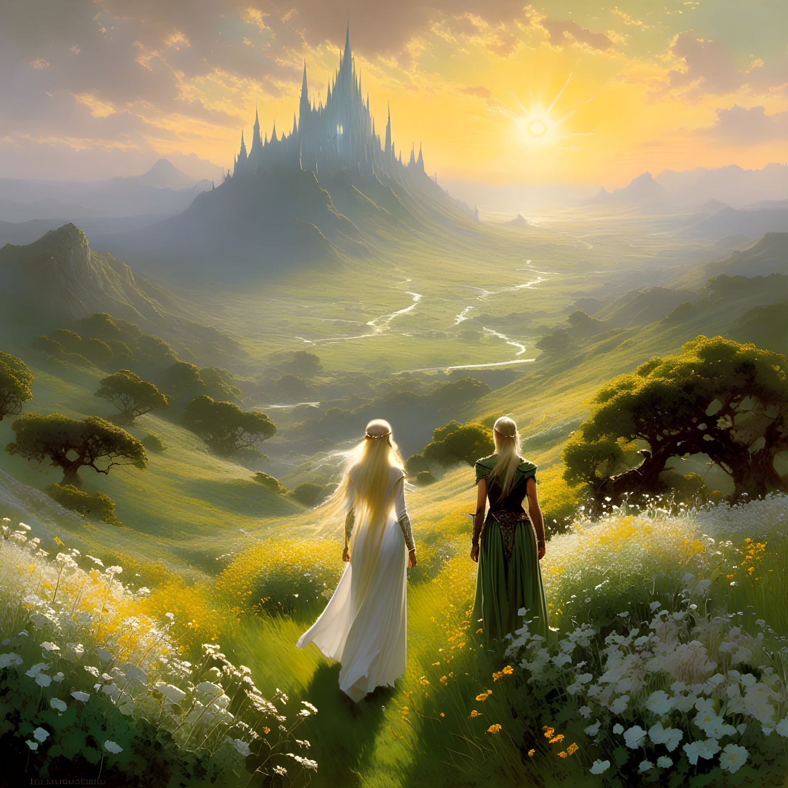 Elven Maiden in Wildflower Field at Sunrise