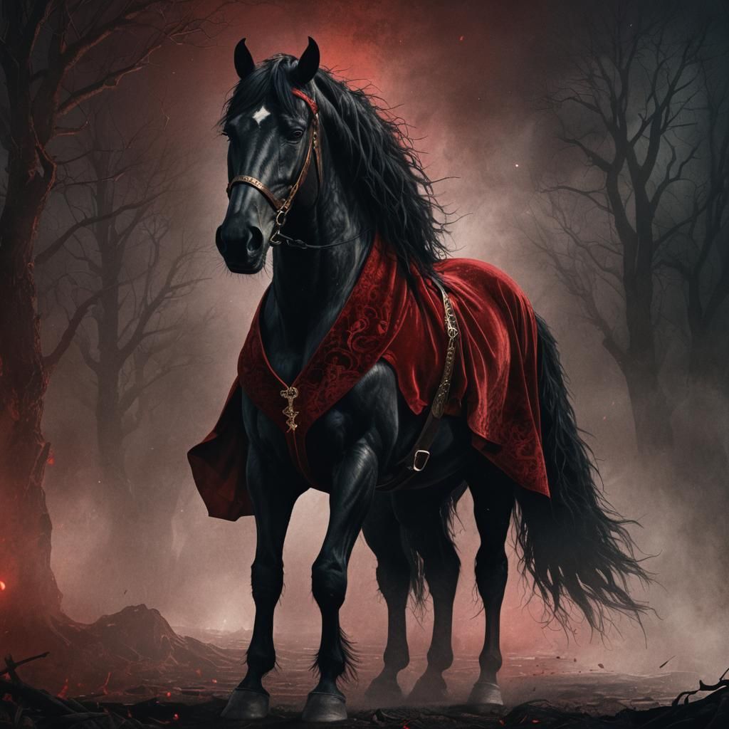 Mystical Black Horse in Red Velvet Suit