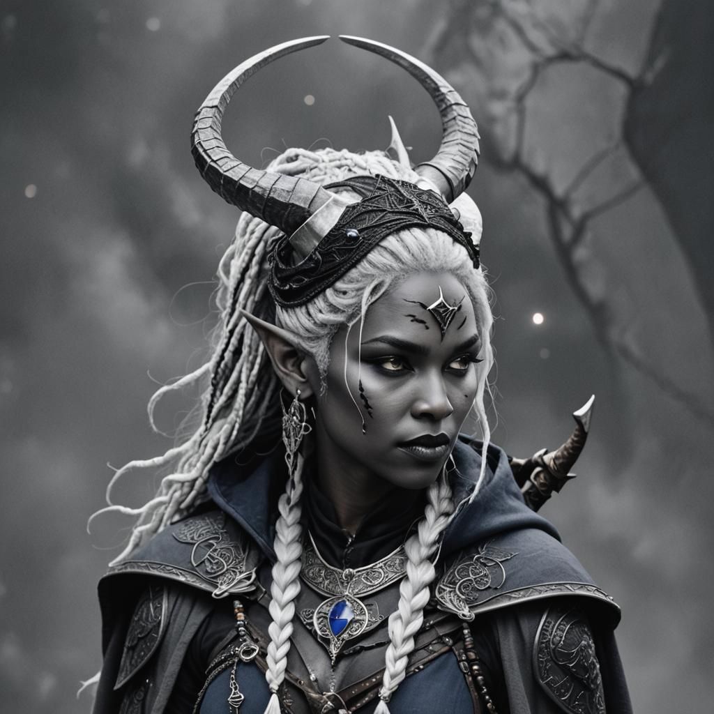 Tiefling Warrior in Black and White Photo