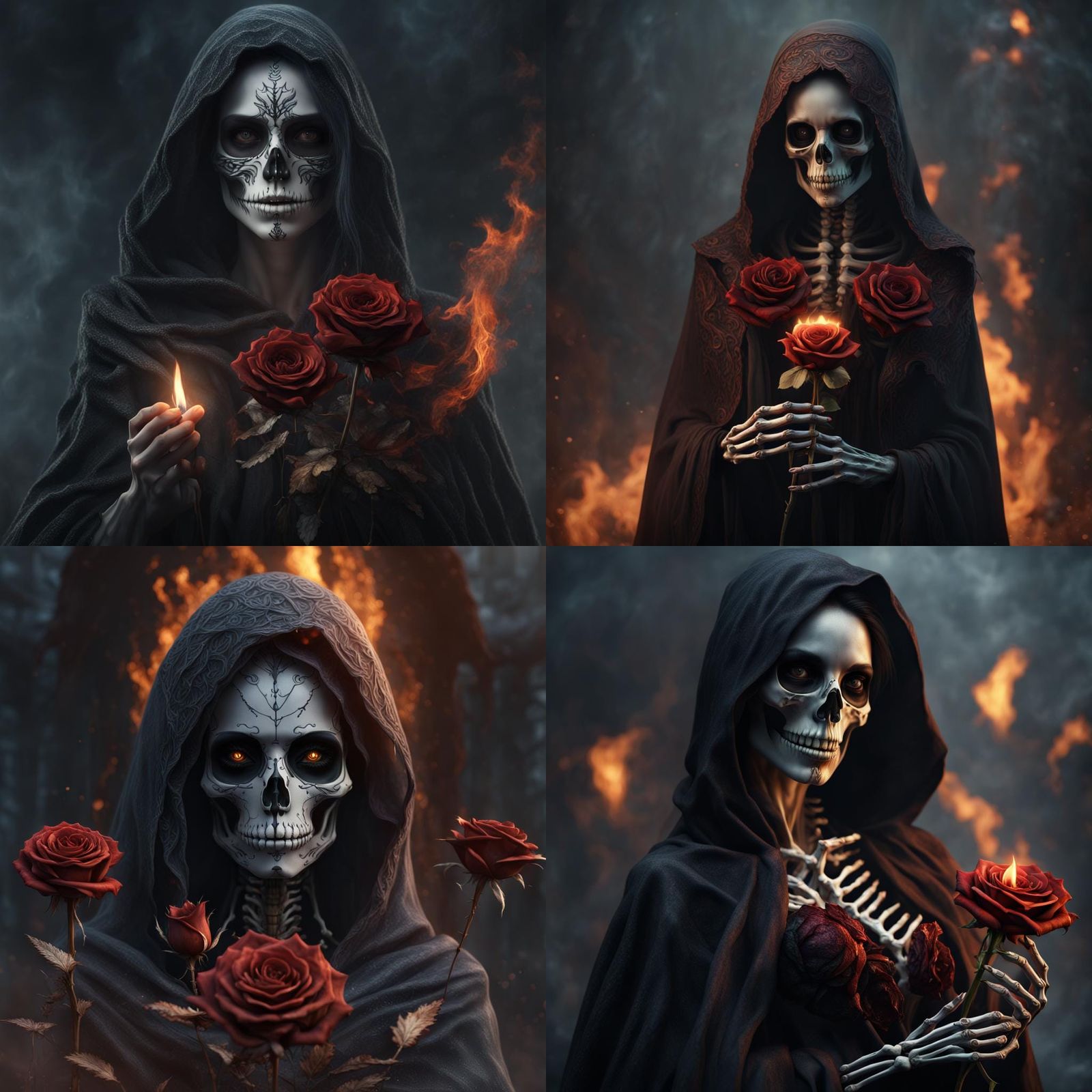Ethereal Woman Skeleton with Burning Rose