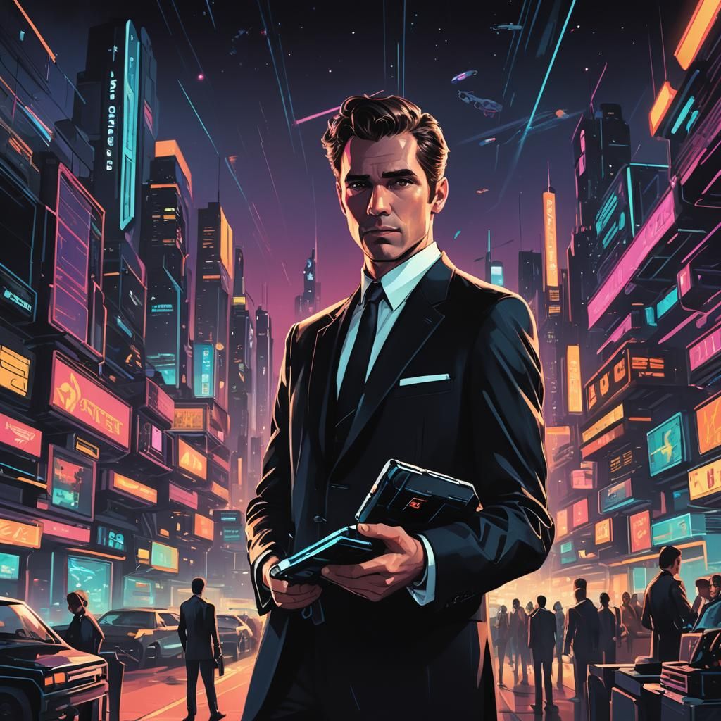 Charming Con Man in Neo-Noir Spaceport Concept Art
