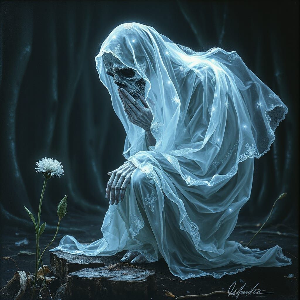 Ethereal Ghost Spirit in Dark Horror Forest Painting