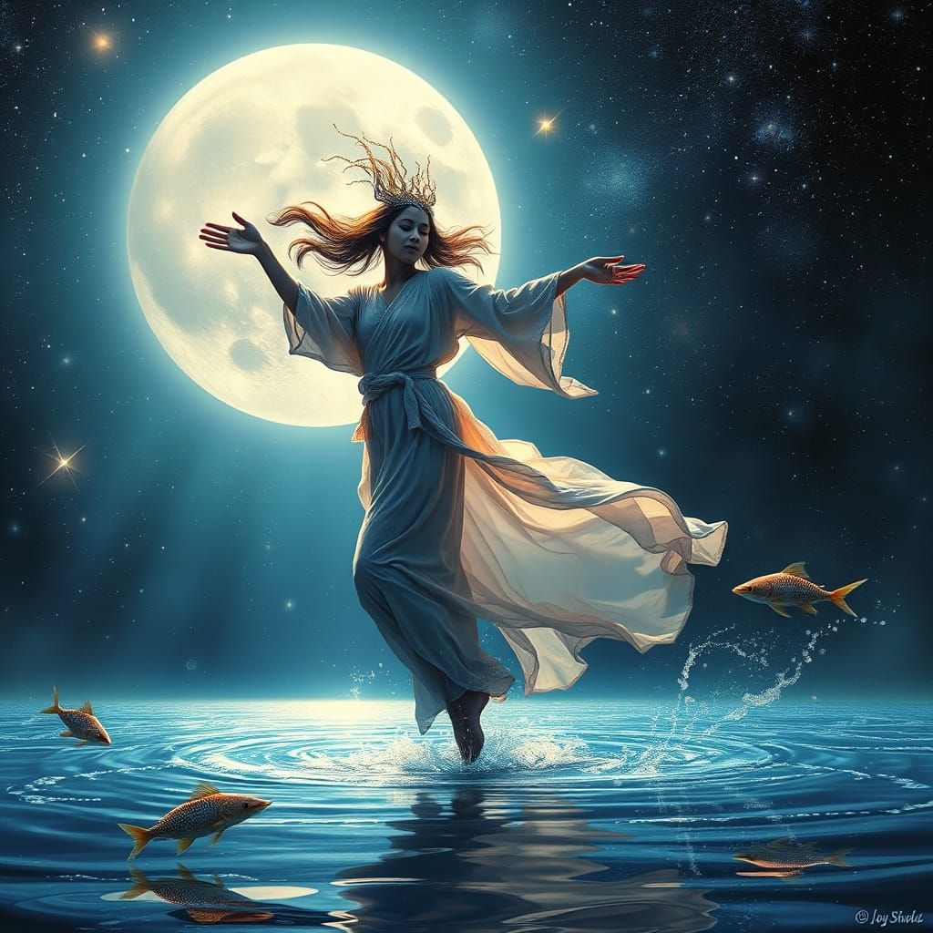 Ethereal Water Spirit Dances Under Celestial Lights