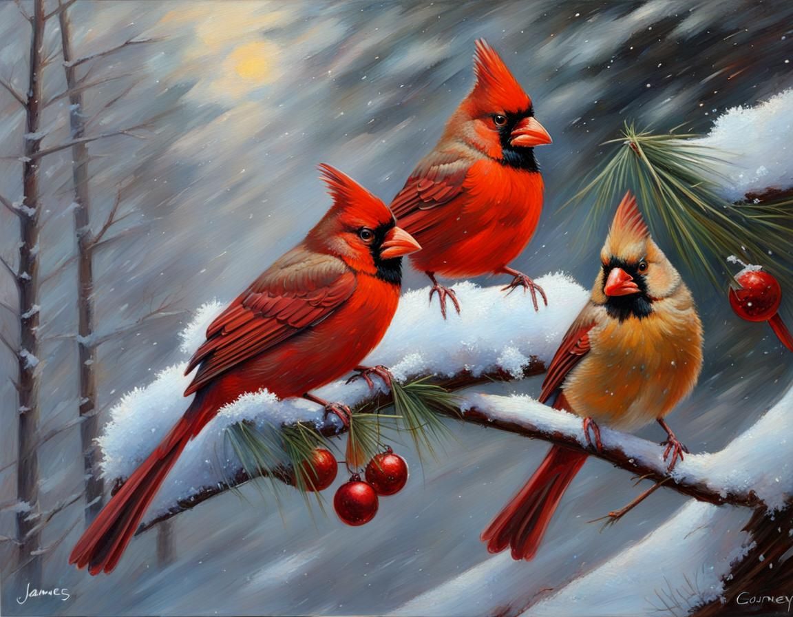 Cardinals in Snowy Christmas Scene as Oil Painting
