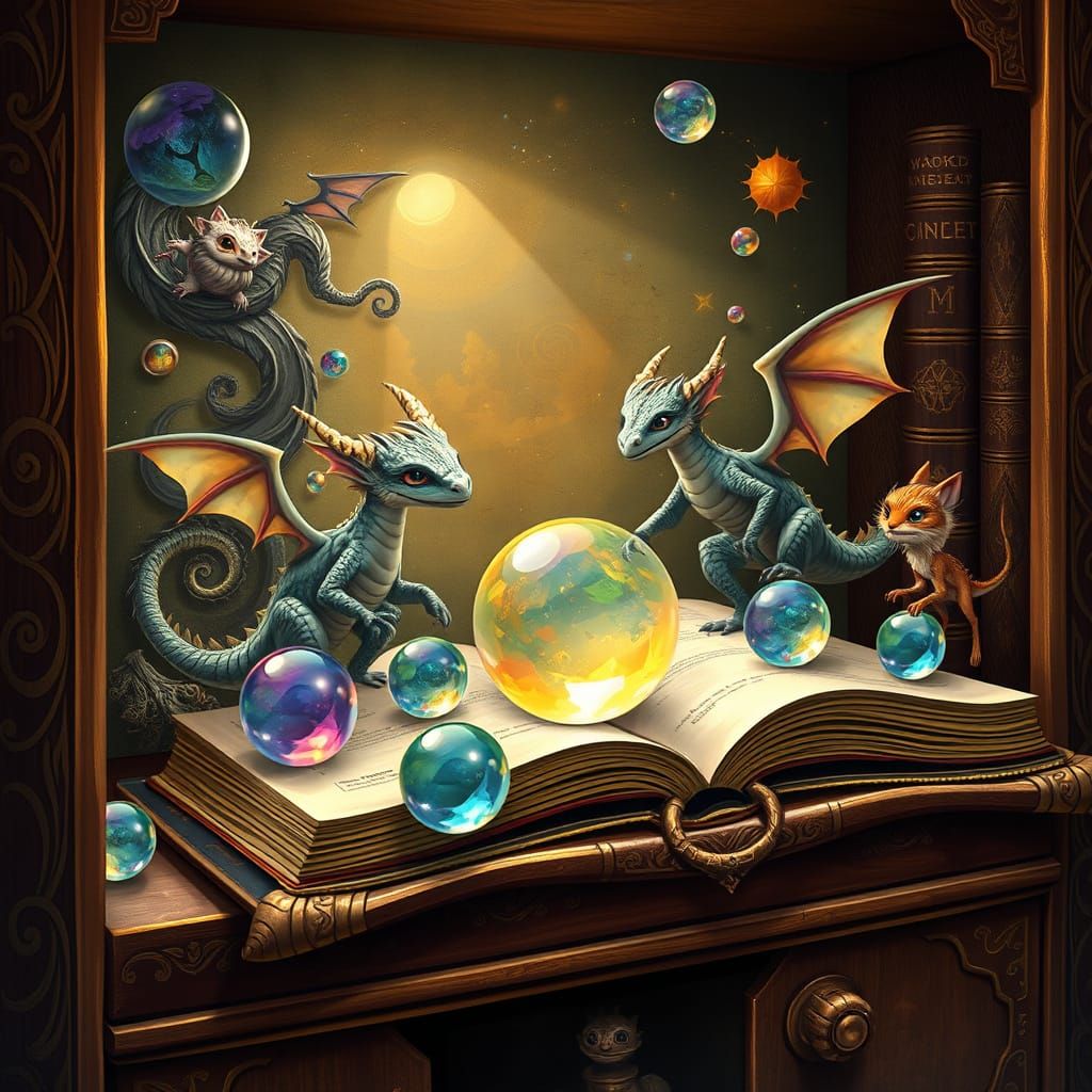 Dreamlike Dragons Bounce on Marbles in Whimsical Art Nouveau...