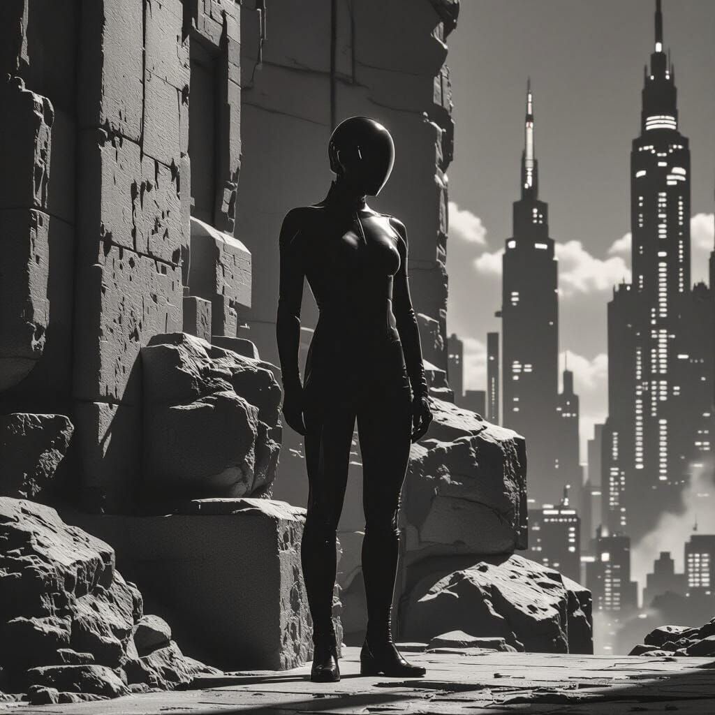 Sleek Figure in Cyberpunk Cityscape, Black and White Photo