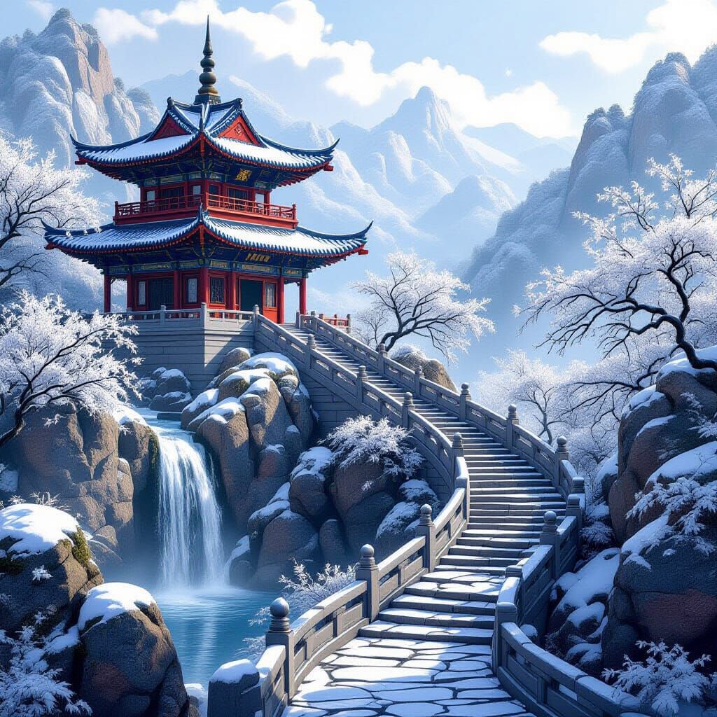 Majestic Snowy Pagoda on Rocky Hill in Winter