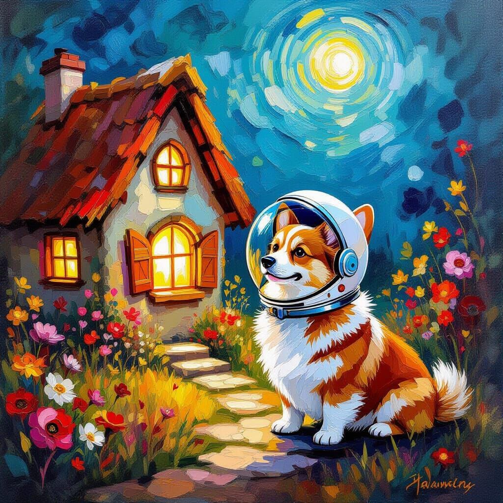 Corgi Astronaut in Alien Cottage, Impasto Style