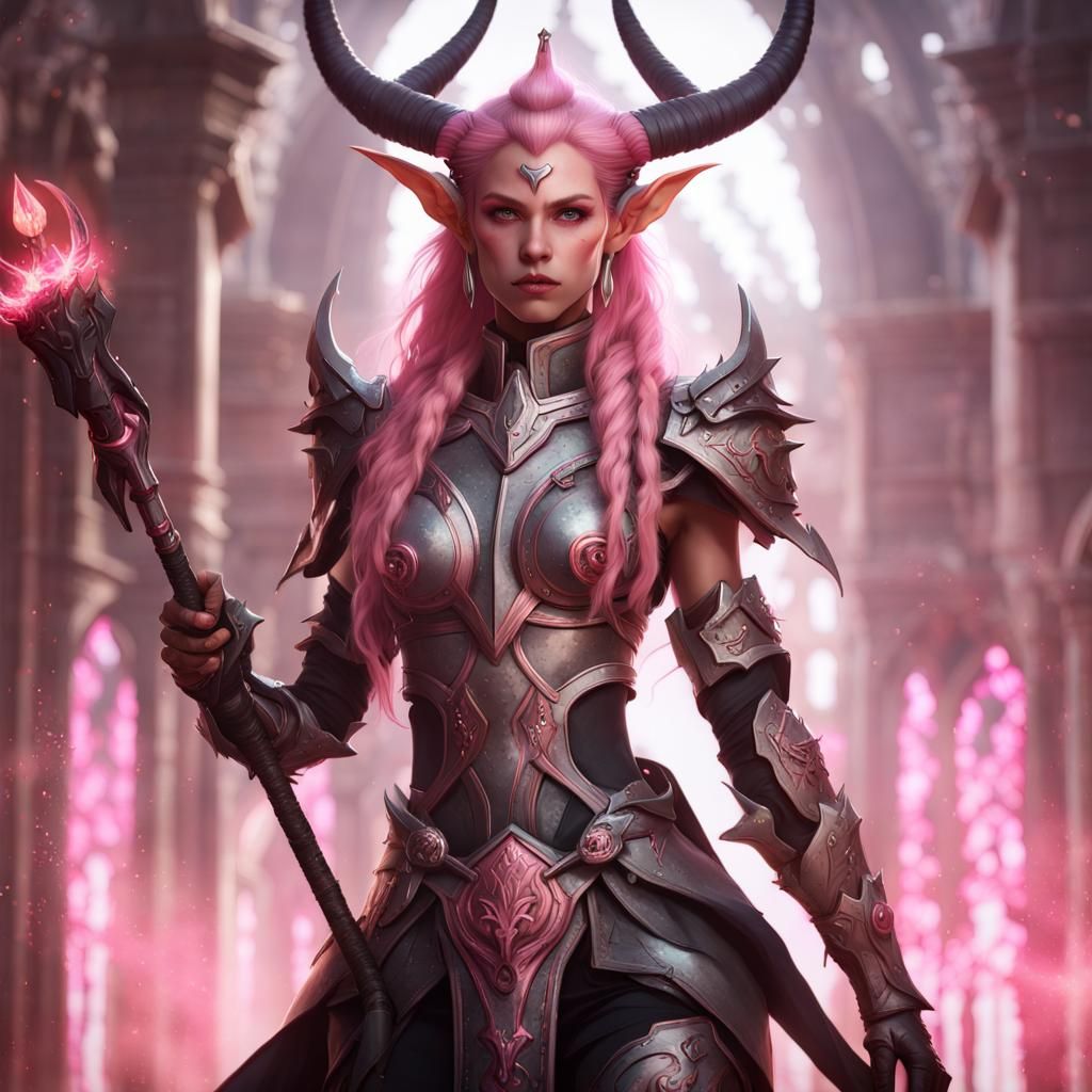 Tiefling Cleric with Pink Skin, Digital Art