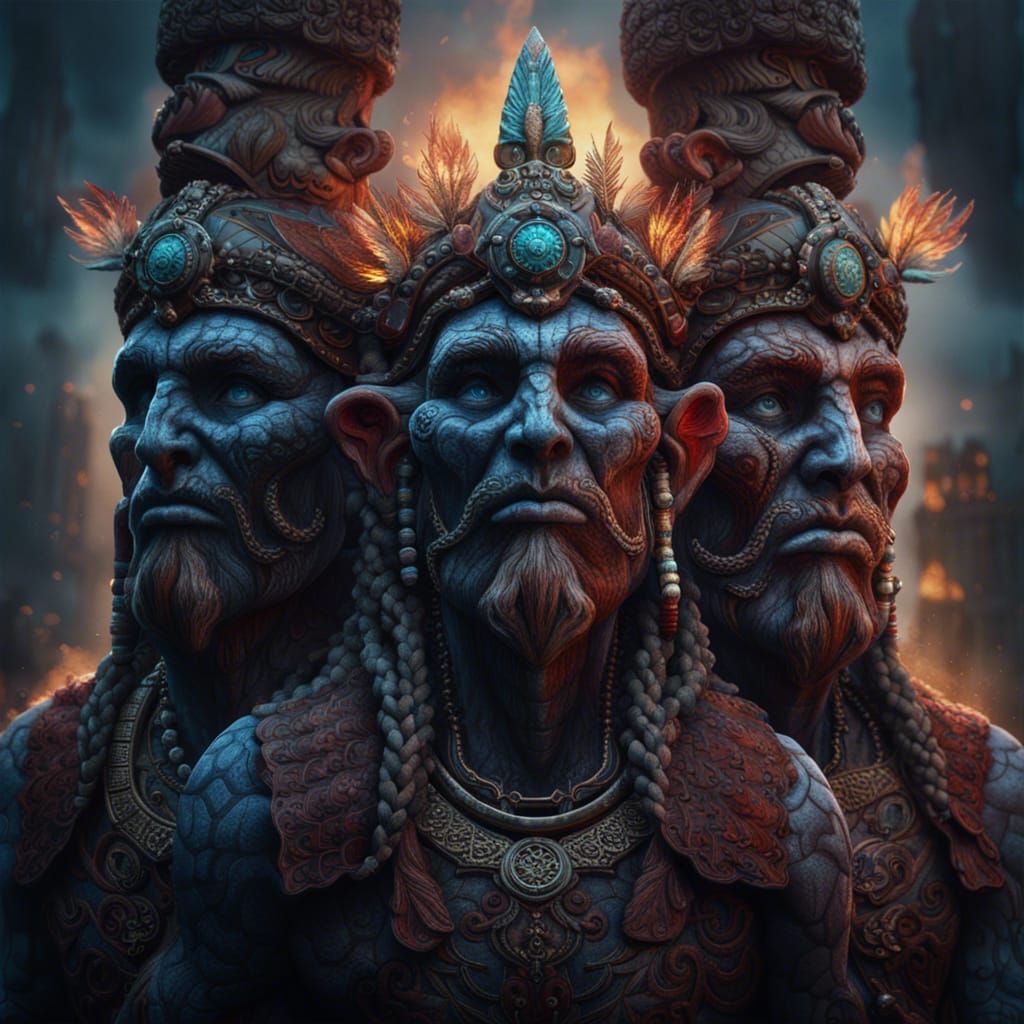 Slavic Three-Headed God Totem in Fantasy Art Style