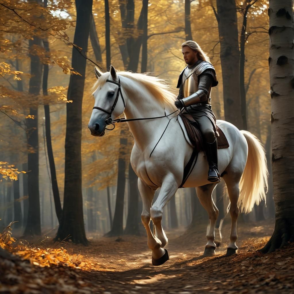 Templar Knight on White Horse in Autumn Forest