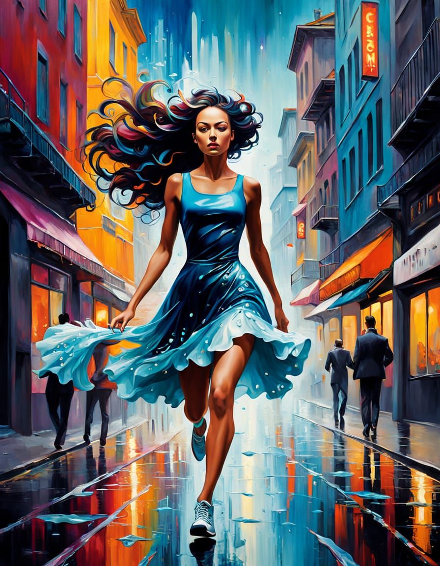 Surreal Ornate Flower-Woman in a Dreamlike Cityscape