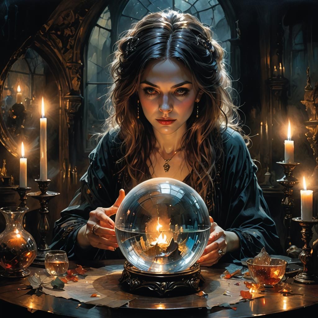Mystical Witch Gazing into Crystal Ball