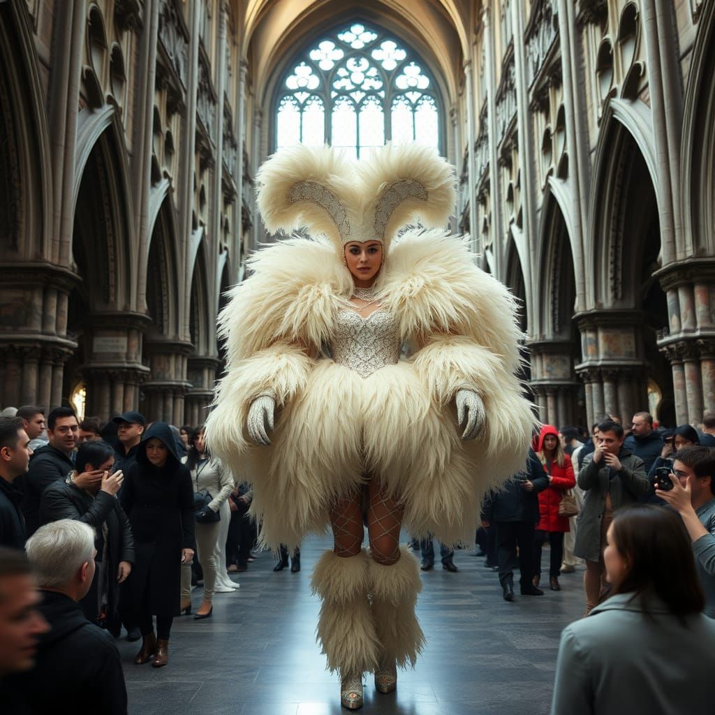 Awk! Standing in a fluffy featherly costume