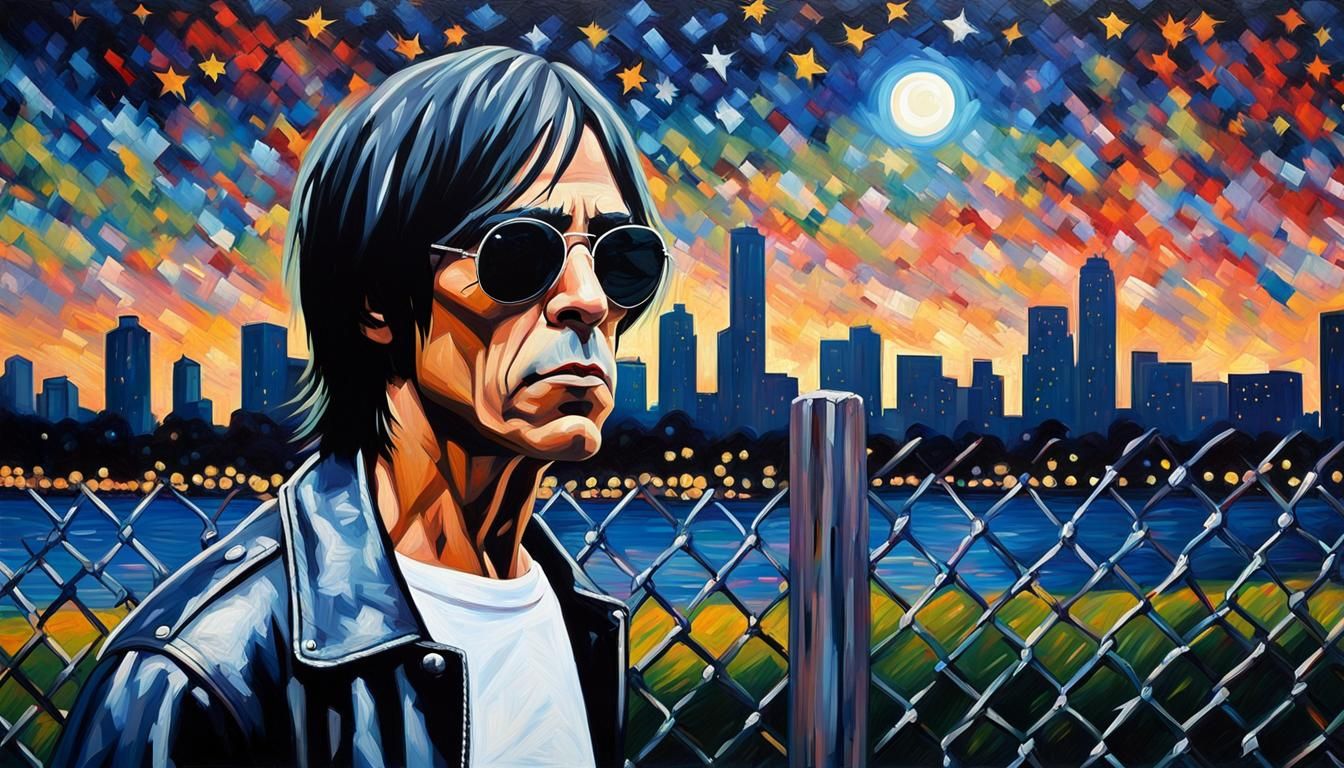 Iggy Pop in Detroit: Neo-Impressionist Acrylic Painting