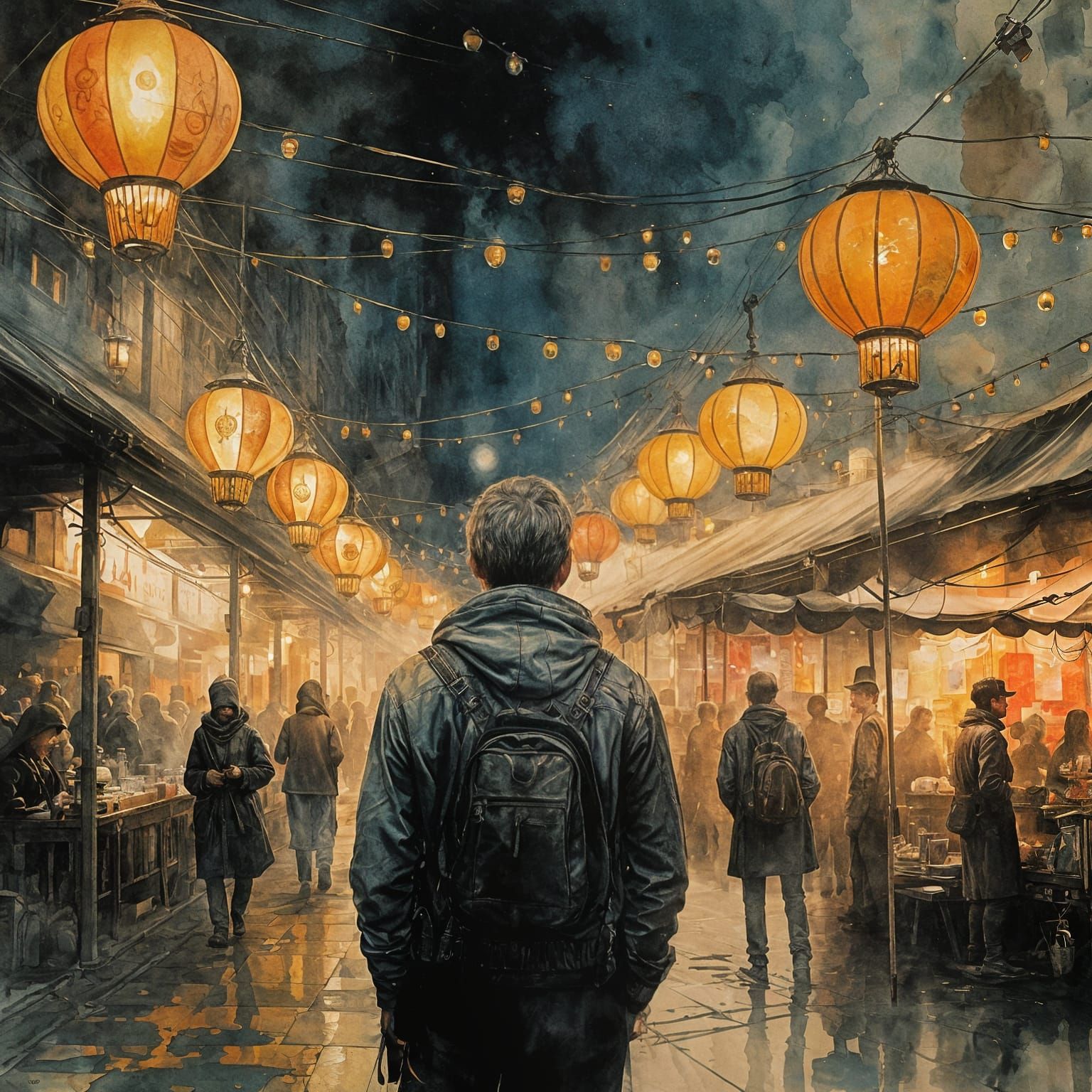 Vibrant Street Market Scene in Maximalist Gouache Style