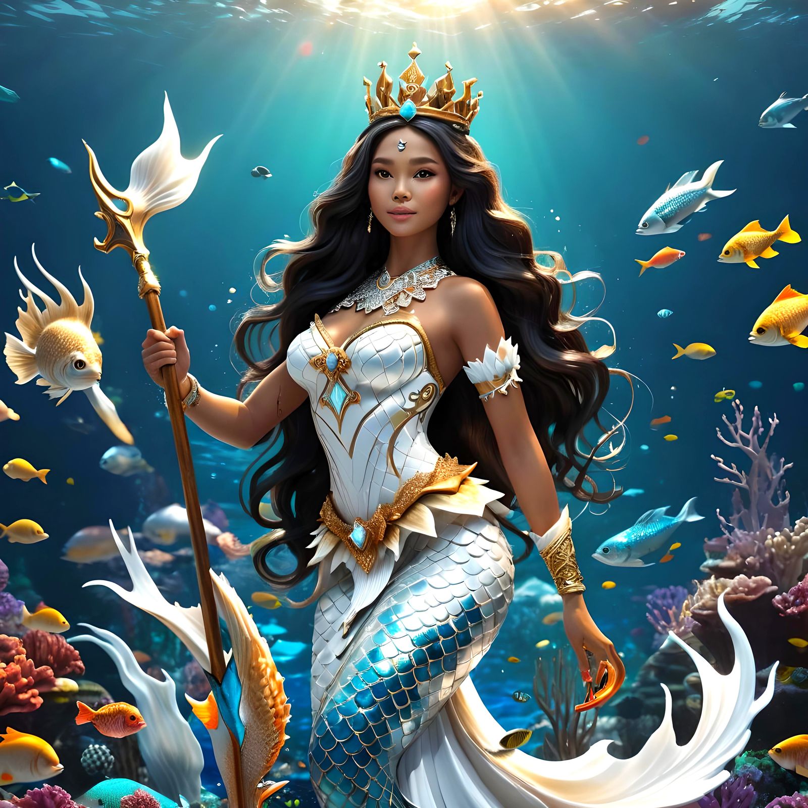 Indonesian Mermaid Queen in a Deep Ocean Scene