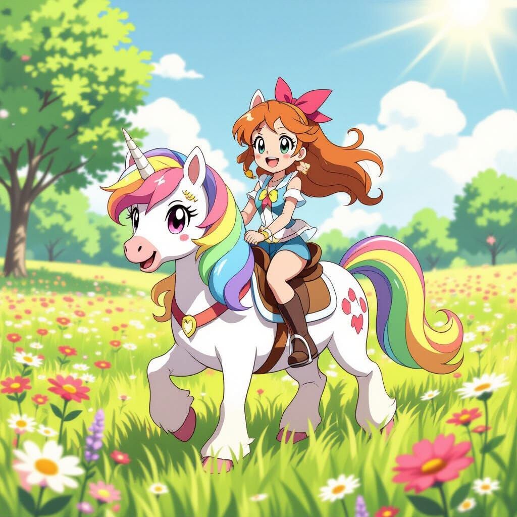 Serena from Pokemon Rides a Rainbow Pony in a Meadow