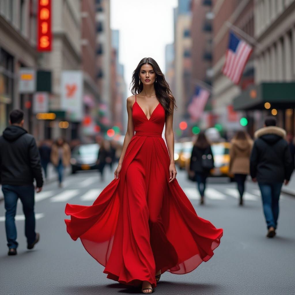 Model in Red Dress Walks New York Street