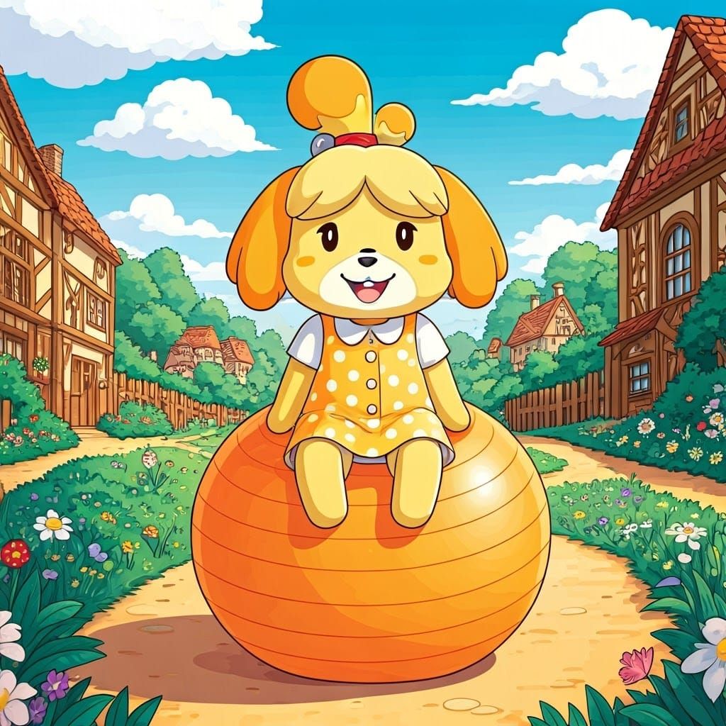 Isabelle in Whimsical Nature Scene on an Exercise Ball
