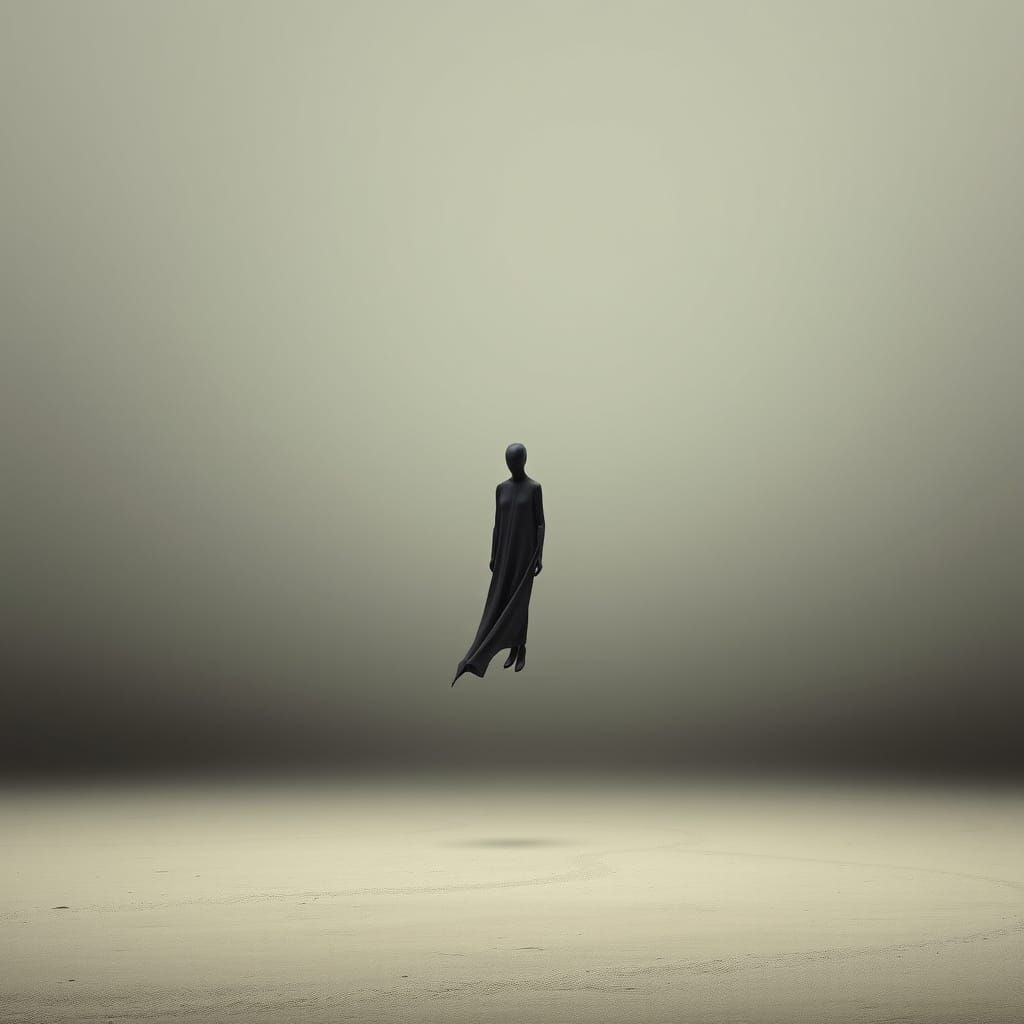 Surrealist Figure Floats in a Dreamlike Landscape