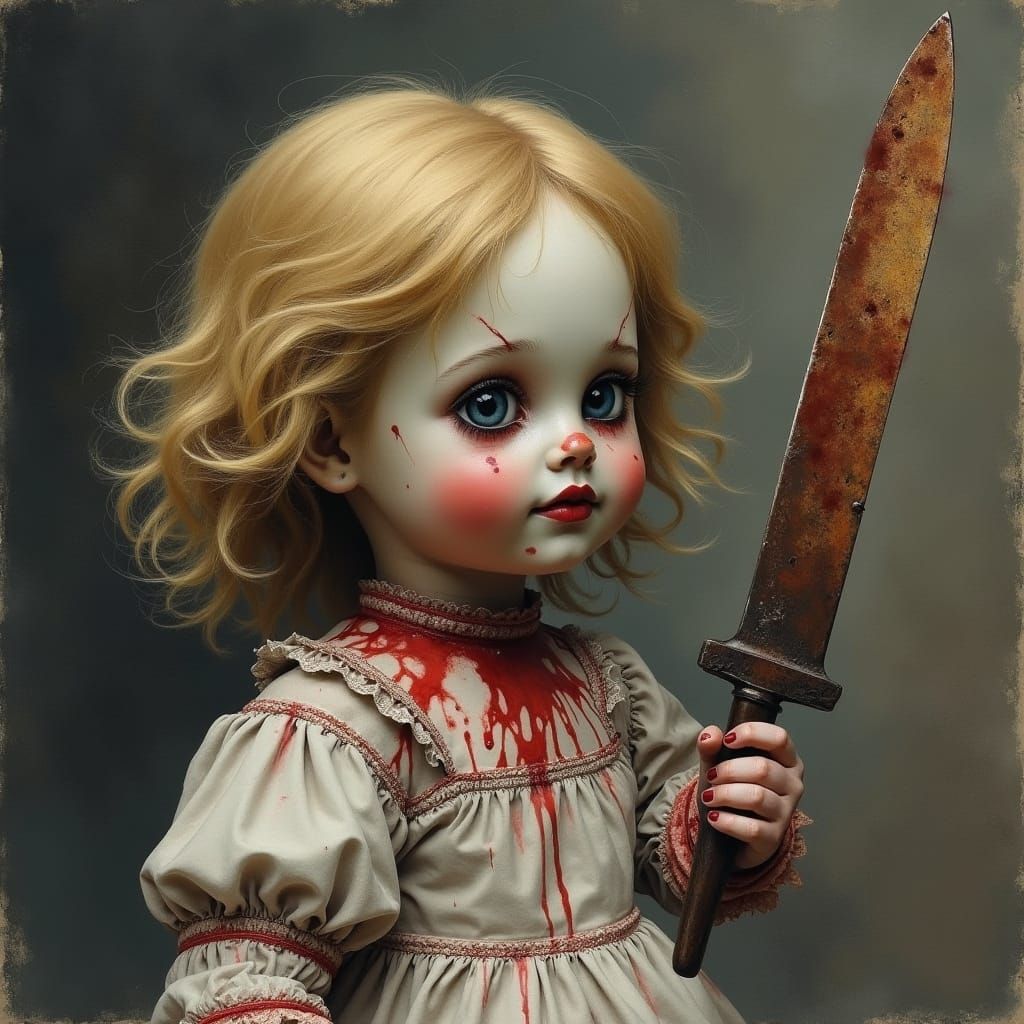 Eerie Blood-Soaked Doll with Knife in Watercolor Style