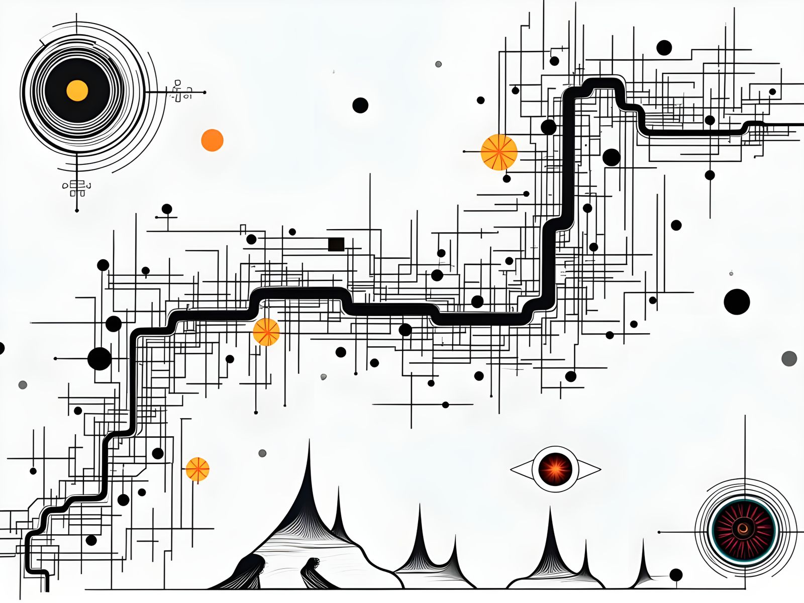 Abstract Circuits Flowing Like a River with Occult Glyphs